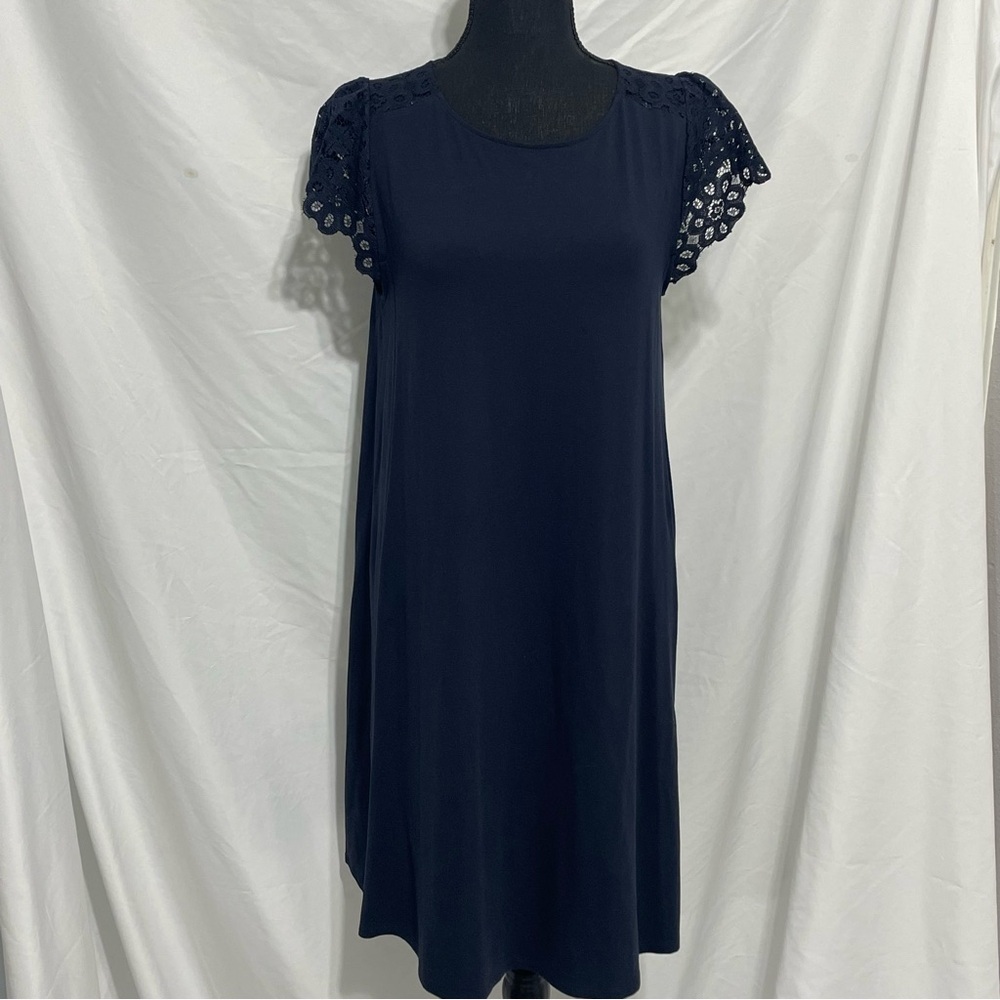 Loft Navy Midi Dress with Lace Cap Sleeves. A-line. Size M. New with tags.